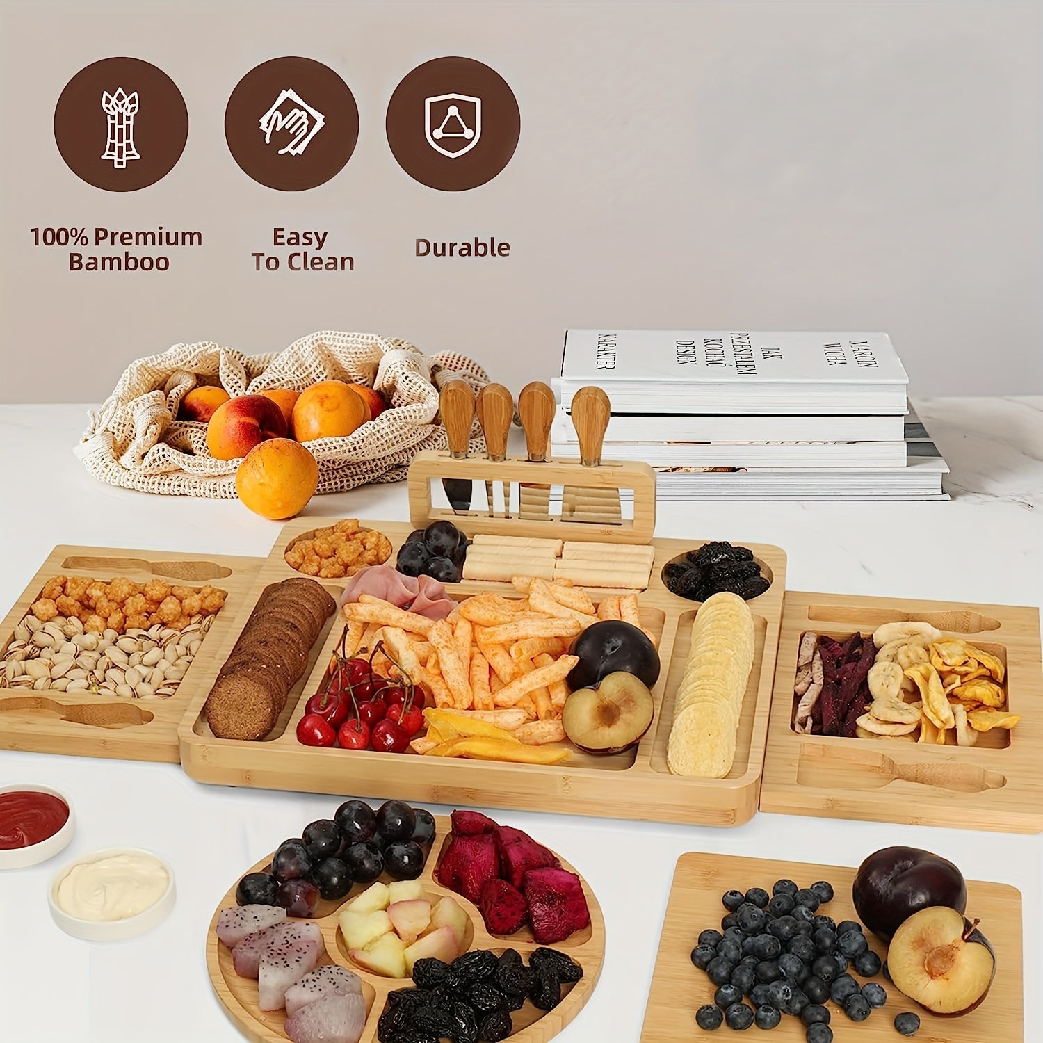 Premium Bamboo Cheese Board Set with Knife, Fork, and Spoon - Perfect for Christmas, Thanksgiving, Easter, Halloween, and More - Includes Cheese Board, Fruit Platter, and Dipping Sauces Chef's Market