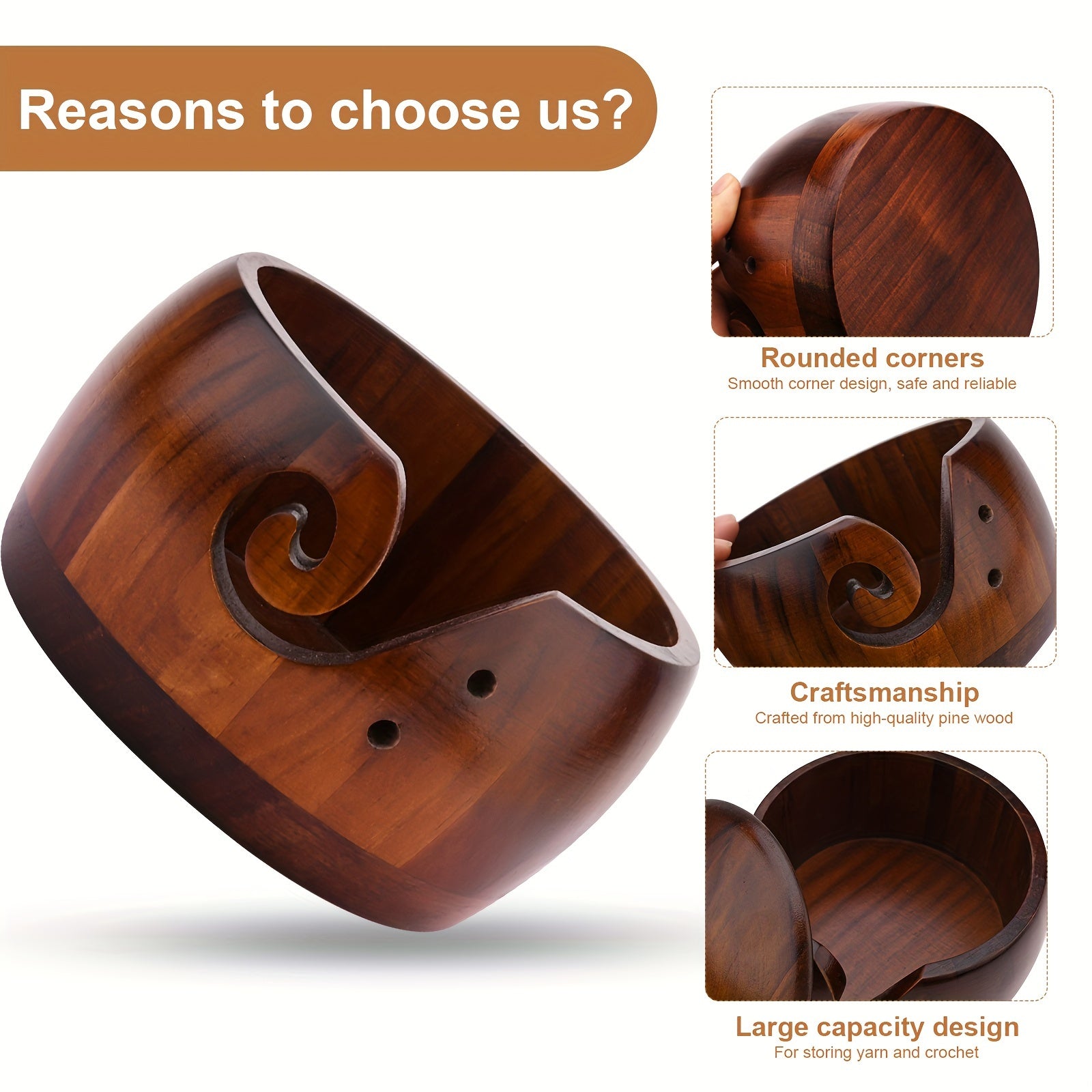 Elegant 1 Set Handcrafted Wooden Yarn Bowl with Lid & 12 Bamboo Crochet Hooks - Wool Yarn Holder Organizer for Knitting Enthusiasts - Artistic Craft Storage - Perfect for Crochet Projects Chef's Market