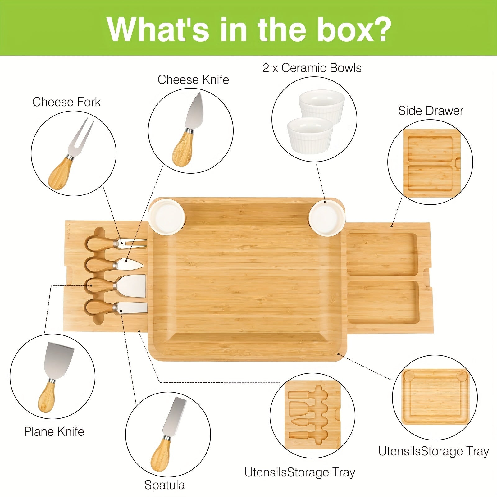 1 Set Handcrafted Bamboo Cheese Board Set - Large Charcuterie Board, Meat Platter Serving Tray, Knife Set, and 2 Ceramic Bowls - Perfect Gift for Mothers Day, Easter, Thanksgiving, Christmas, Housewarming, Wedding Anniversary Chef's Market