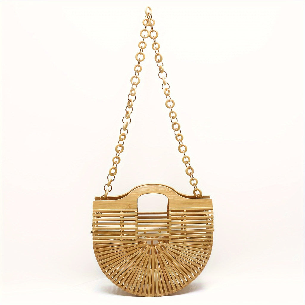 Women's Retro Style Bamboo Woven Handbag With Chain Strap, Hollow Out Beach Tote, Versatile Shoulder & Crossbody Bag, Vintage Bamboo Handle Purse Chef's Market