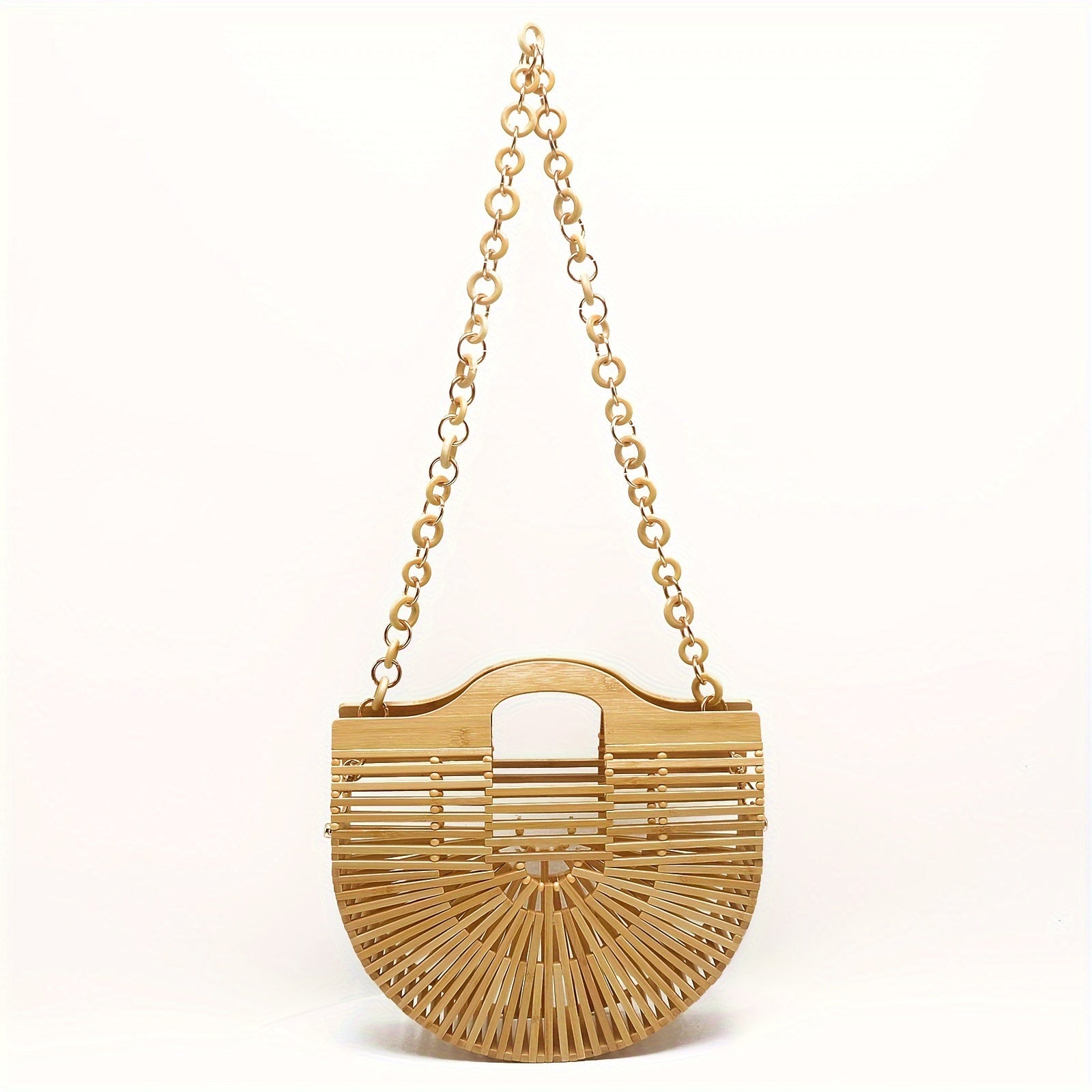 Women's Retro Style Bamboo Woven Handbag With Chain Strap, Hollow Out Beach Tote, Versatile Shoulder & Crossbody Bag, Vintage Bamboo Handle Purse Chef's Market