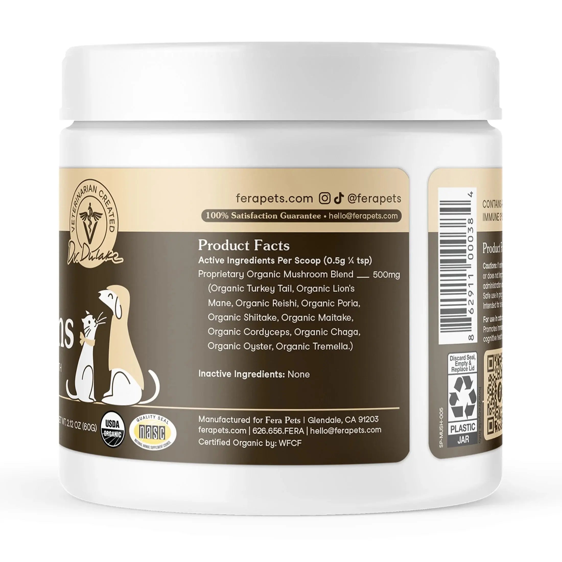 Mushroom Supplement for Dogs & Cats - with Turkey Tail - USDA Organic - Promotes Cognitive & Immune Health - 120 Scoops