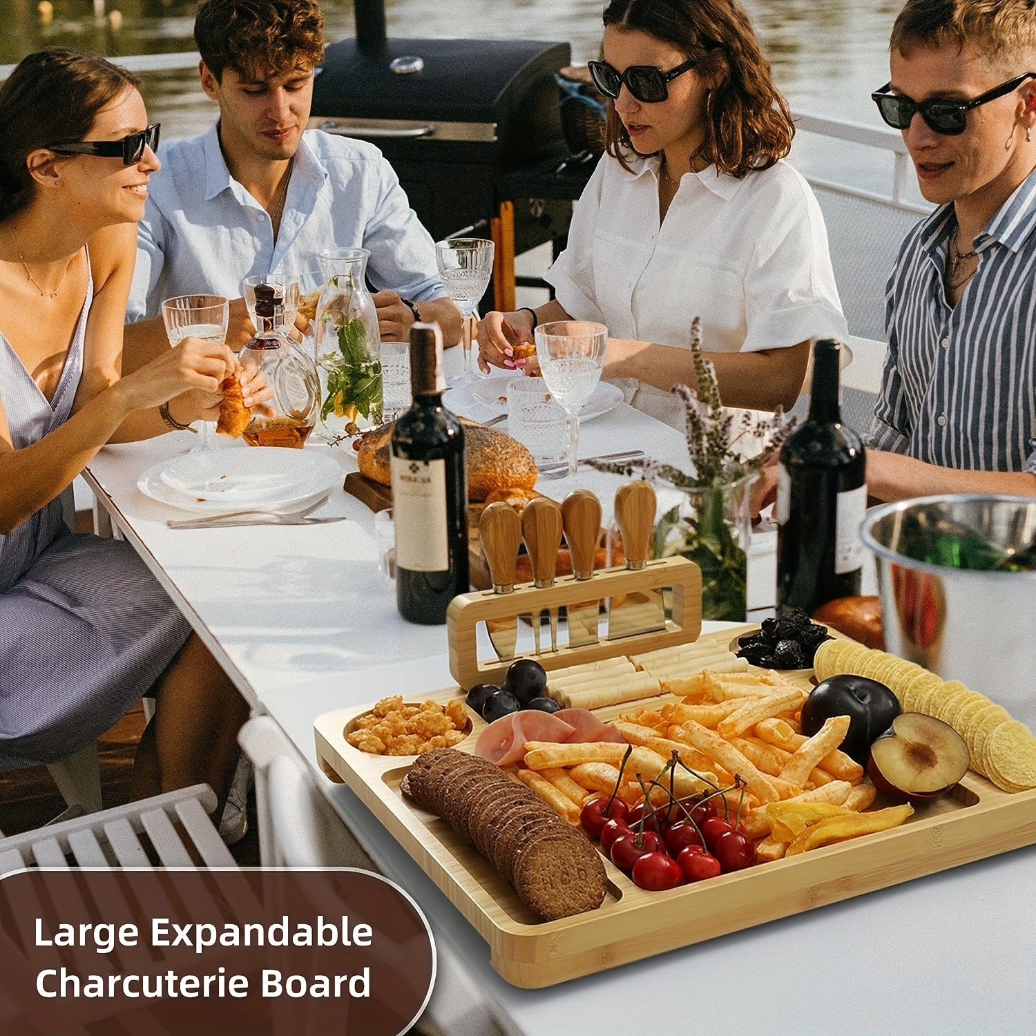 Premium Bamboo Cheese Board Set with Knife, Fork, and Spoon - Perfect for Christmas, Thanksgiving, Easter, Halloween, and More - Includes Cheese Board, Fruit Platter, and Dipping Sauces Chef's Market