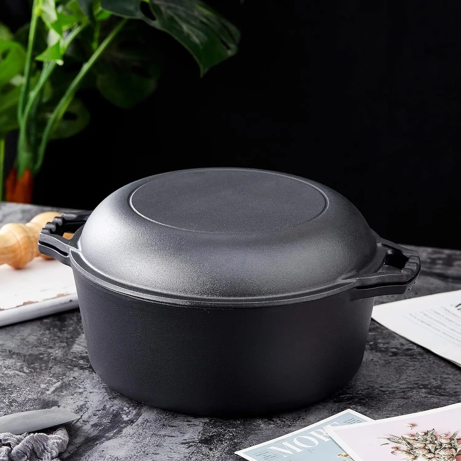 7-Quart Pre-Seasoned Cast Iron Double Dutch Oven with Skillet Lid - Versatile Heavy-Duty Casserole and Braising Pan - Oven Safe Black Cookware (14.7 x 6.9 Inches)