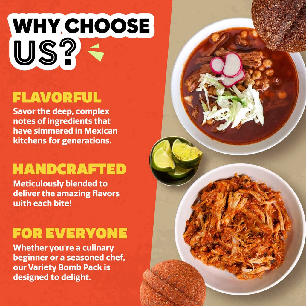 Variety Pack – Pozole, Tinga & Birria Bomb Seasonings – Authentic Mexican Spice Mix for Tacos, Tortas, Nachos & Pozole Soup – Made with Real Chiles, Herbs & Spices for Quick, Flavorful Meals