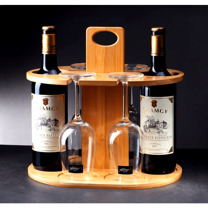 Elegant Bamboo Wine Rack with High-Footed Glass Holder - Portable Outdoor & Kitchen Decor Chef's Market