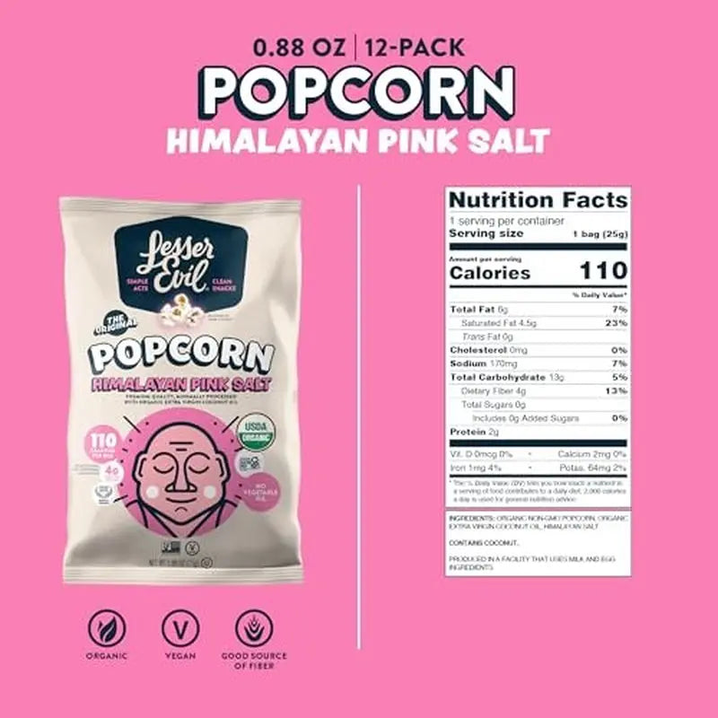 Himalayan Pink Salt Organic Popcorn 12 Pack 0.88 Ounce Bags Healthy Snack