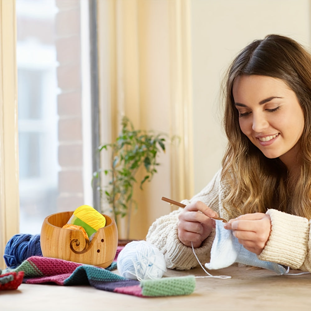 Elegant 1 Set Handcrafted Wooden Yarn Bowl with Lid & 12 Bamboo Crochet Hooks - Wool Yarn Holder Organizer for Knitting Enthusiasts - Artistic Craft Storage - Perfect for Crochet Projects Chef's Market