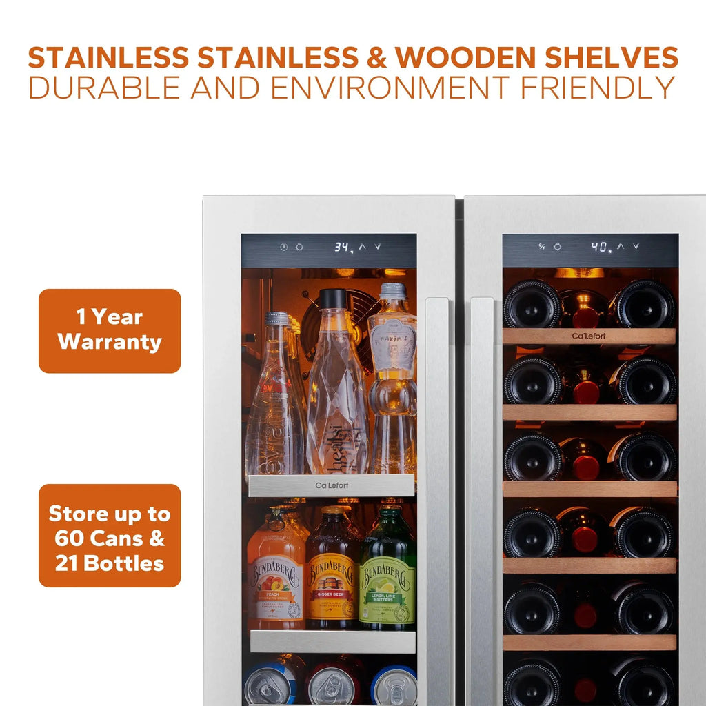 24 Inch Wine Cooler Beverage Refrigerator, Hold 60 Cans and 21 Bottles Dual Zone Wine Fridge with Stainless Steel French Door