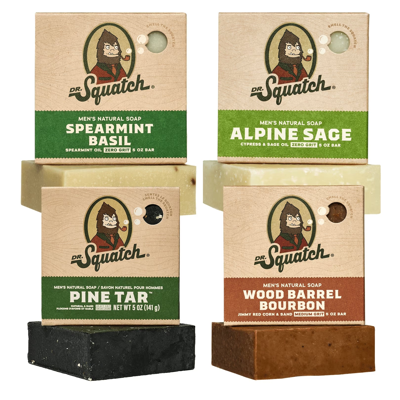 Bar Soap for Men - Cold Process, No Harsh Chemicals - Wood Barrel Bourbon, Pine Tar, Spearmint Basil, Alpine Sage (5 Oz, 4-Pack)