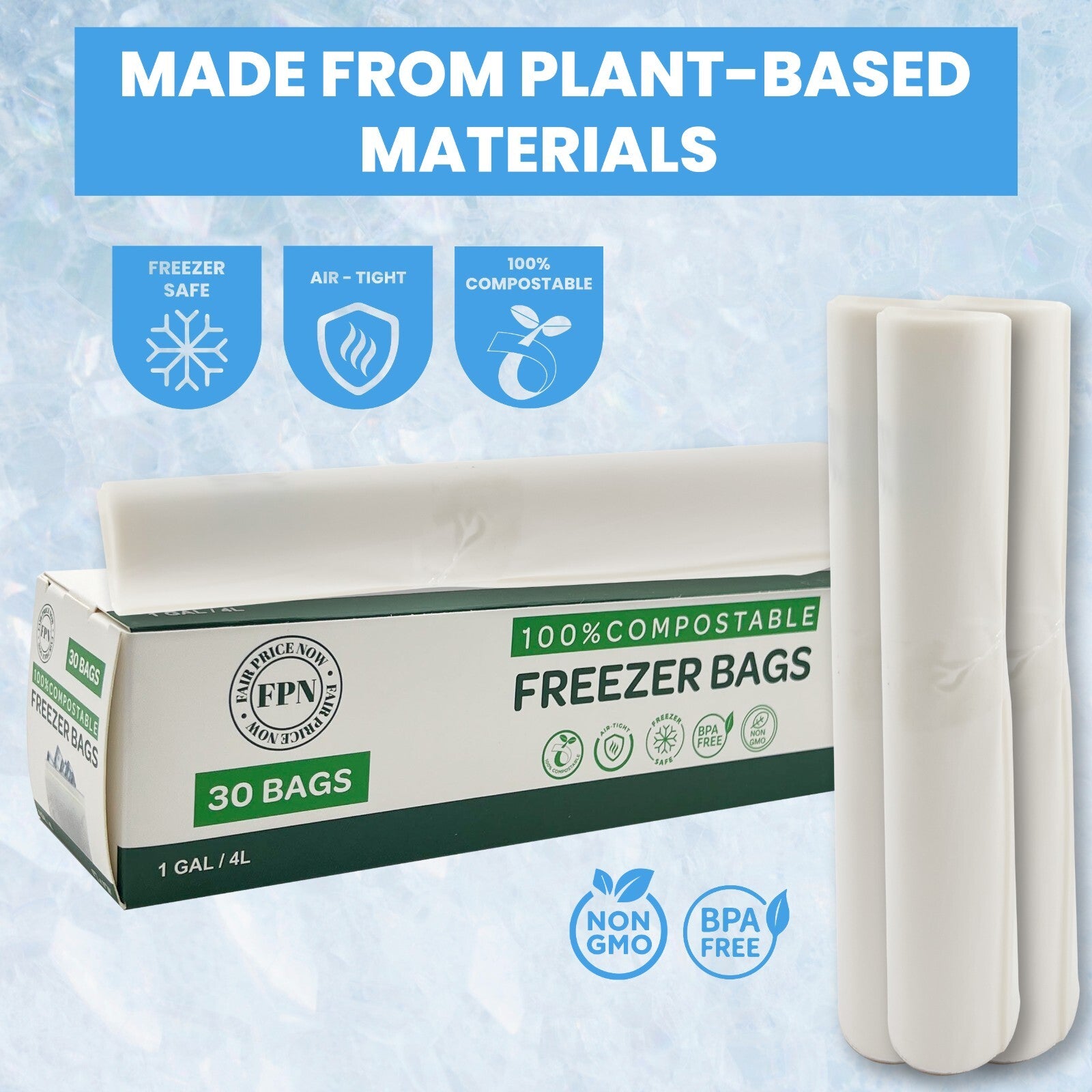 Compostable Plastic Freezer Bags 1 Gallon 60 CT- BPA Free, Reusable 11X11 - FPN