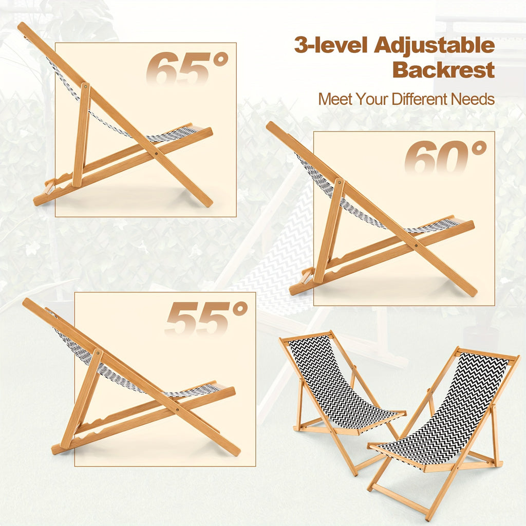 COSTWAY Folding Bamboo Sling Lounge, Portable Outdoor Reclining Canvas Chair Chef's Market