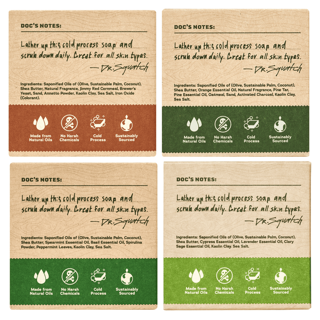 Bar Soap for Men - Cold Process, No Harsh Chemicals - Wood Barrel Bourbon, Pine Tar, Spearmint Basil, Alpine Sage (5 Oz, 4-Pack)