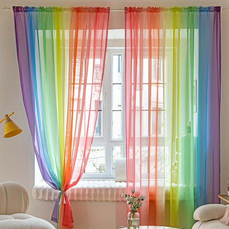 1pc Rainbow Colored Yarn Curtain, Colorful Window Treatment For Bedroom Office Kitchen Living Room Study Home Decor Chef's Market