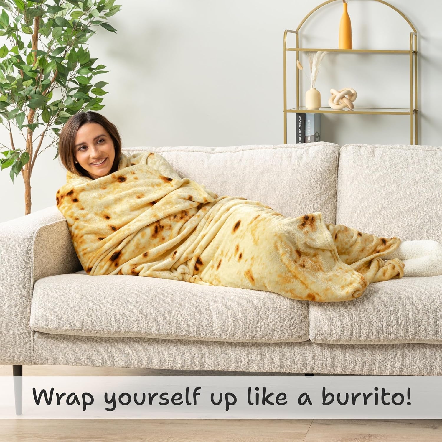 Burrito Tortilla Blanket, Double Sided Taco Corn Wrap Novelty Throw for Adult Kid Teen, Realistic Food Blanket, Funny Gag Gift for Birthday, Yellow Corn 70In
