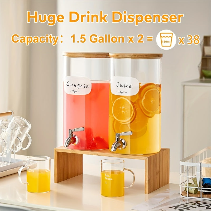 1.5 Gallon Large Capacity Drink Dispenser - Iced Beverage Dispensers with Stand, Stainless Steel Spigot, 8 Waterproof Labels, Bamboo Lid, Borosilicate Glass - Perfect for Parties, Outdoor Events, Lemonade, Juice, and Iced Tea Chef's Market