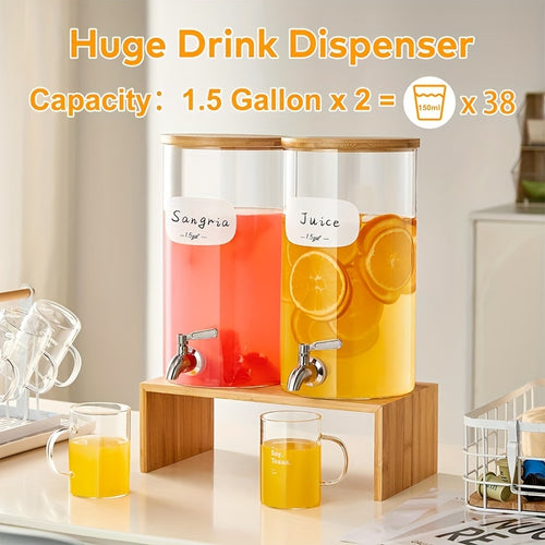1.5 Gallon Large Capacity Drink Dispenser - Iced Beverage Dispensers with Stand, Stainless Steel Spigot, 8 Waterproof Labels, Bamboo Lid, Borosilicate Glass - Perfect for Parties, Outdoor Events, Lemonade, Juice, and Iced Tea Chef's Market