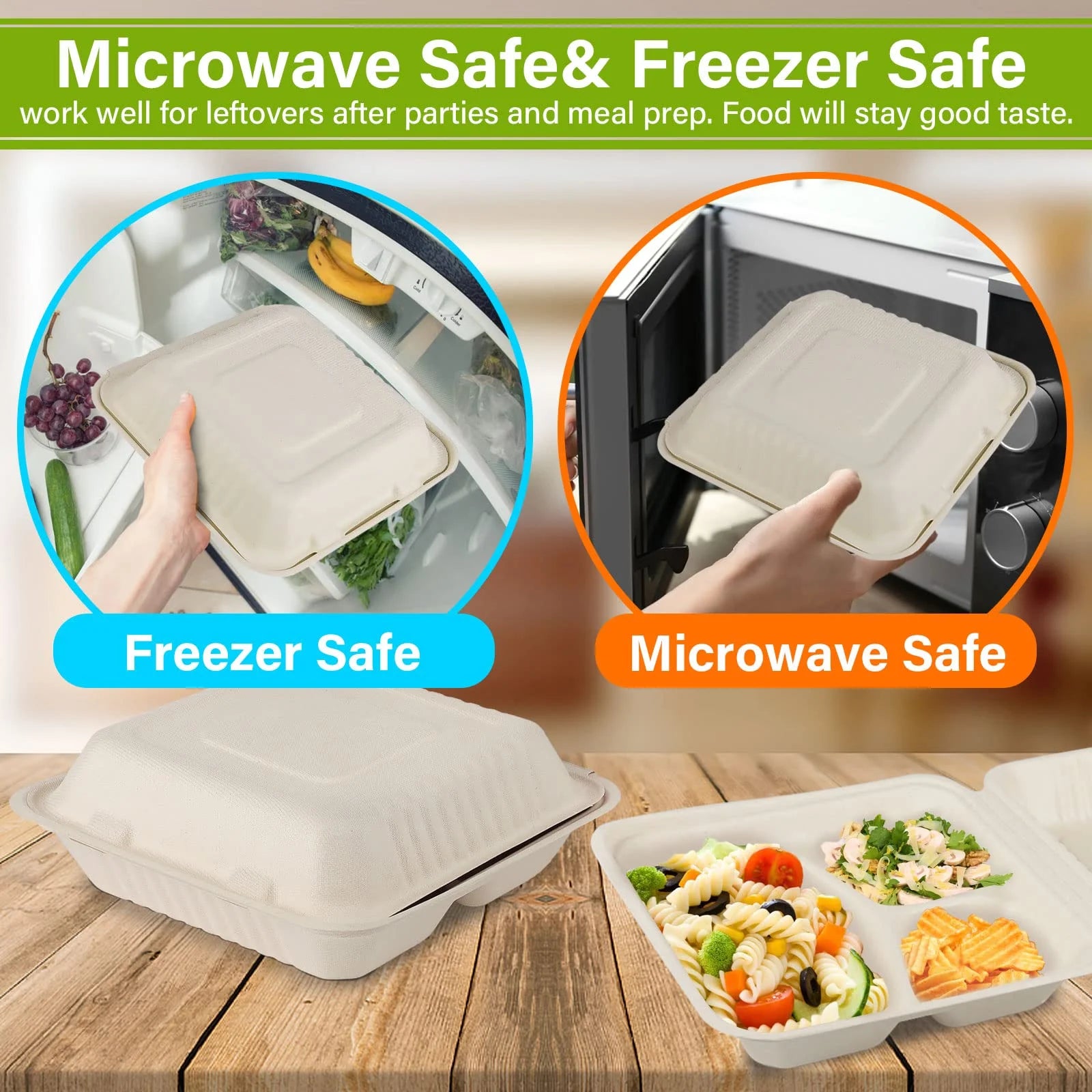 200Pack Compostable Take Out Container 10X10, Disposable to Go Food Boxes with 3 Compartments, Biodegradable Clamshell Container