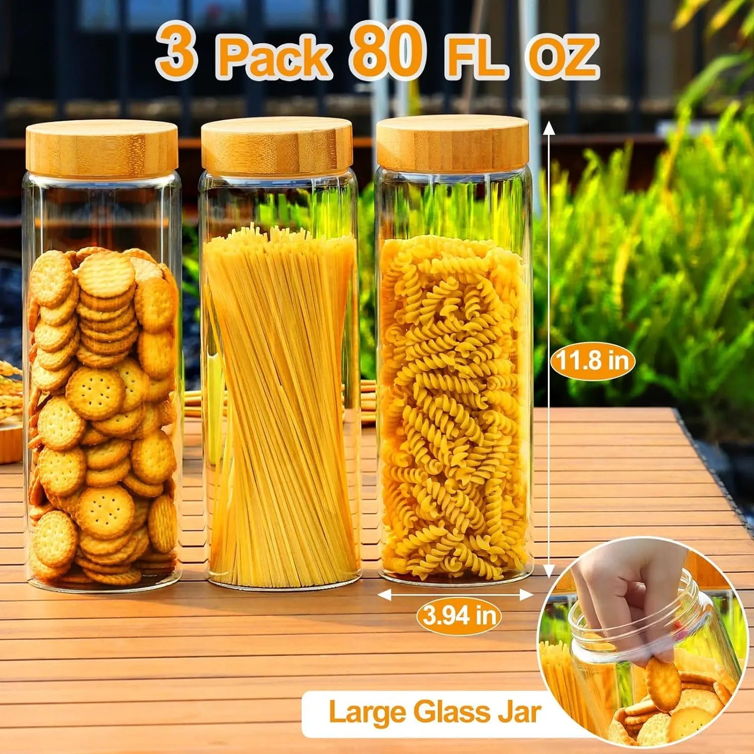 Glass Canisters with Airtight Bamboo Lids - 3 Pack 80Oz Cereal Containers, Cookie Jars, Pasta Storage - Screw on Kitchen Jars