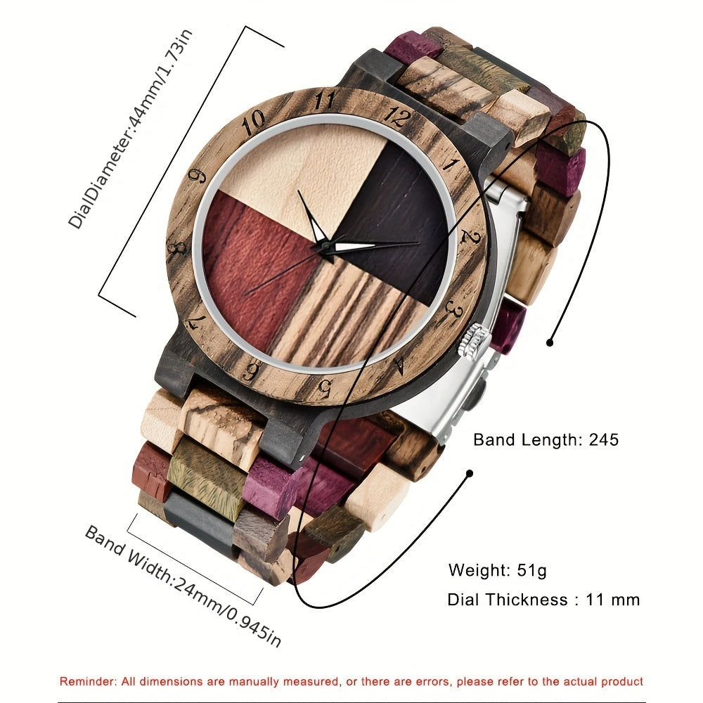 Unique Handcrafted Wooden Watch - Round Analog Quartz Timepiece with Colorful Bamboo Wood Dial and Wooden Strap for Casual Men - Non-Waterproof, Electronic Movement, Pointer Display Chef's Market