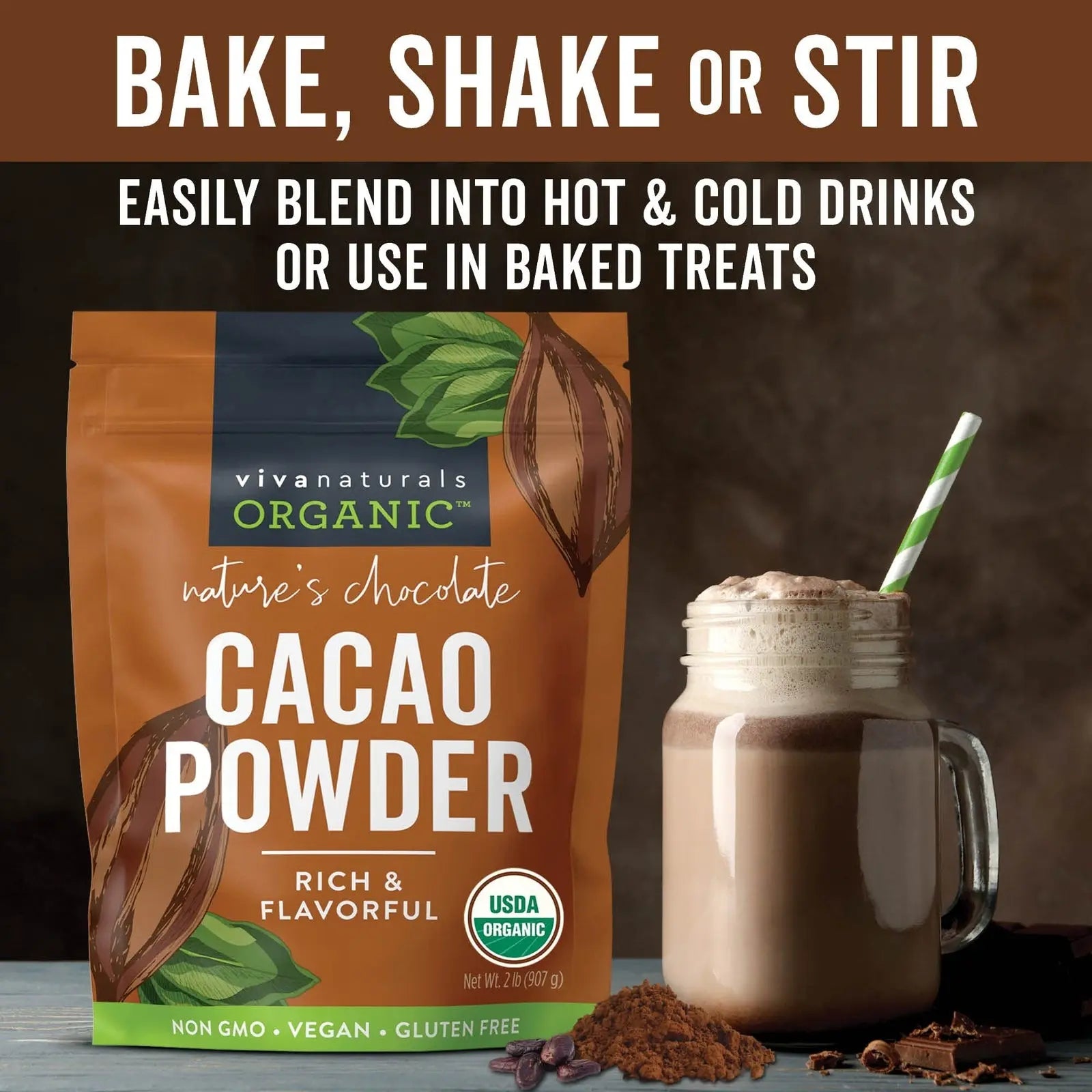 Organic Cacao Powder, 2Lb - Unsweetened Cocoa Powder with Rich Dark Chocolate...