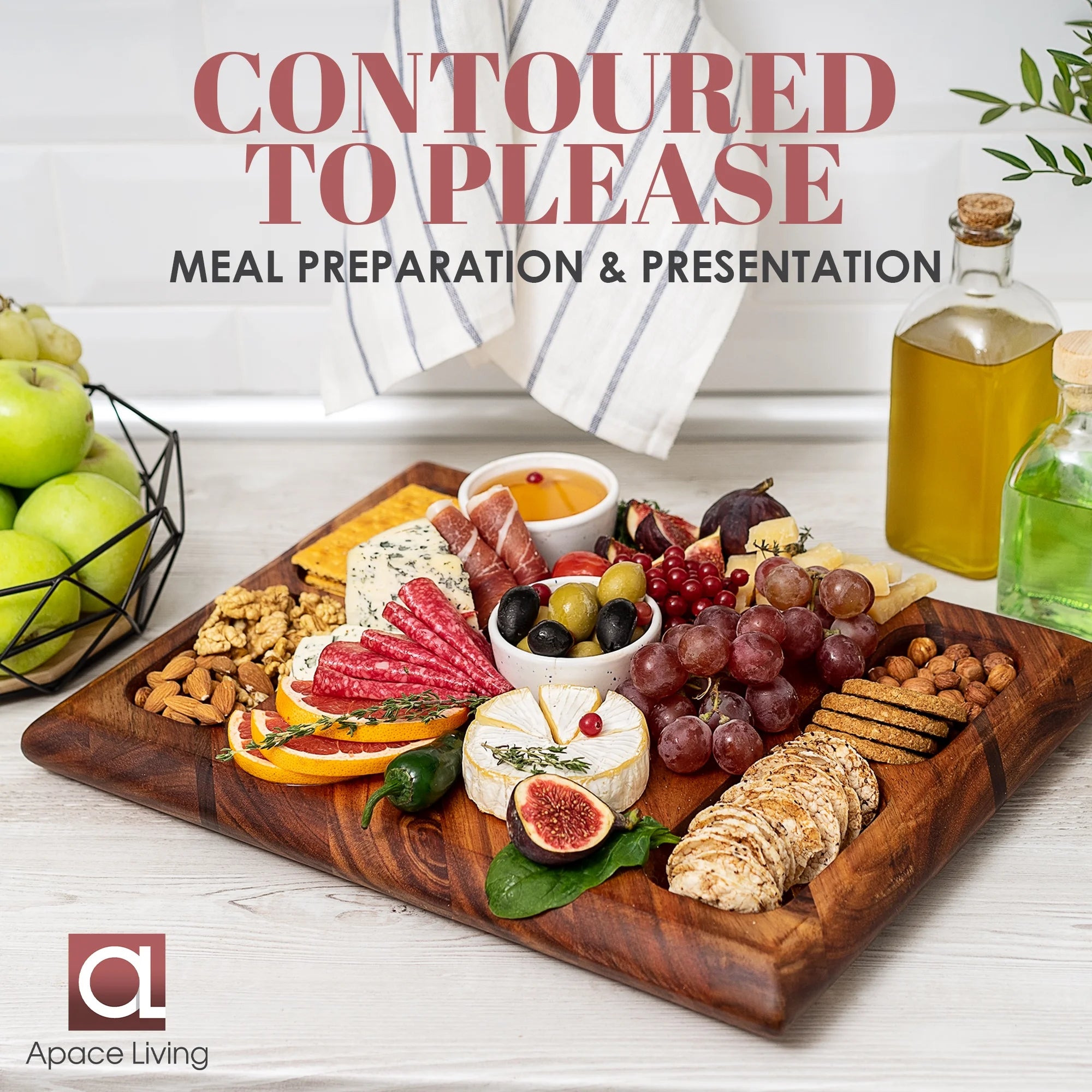 Contour Wood Cutting Board - Large Acacia Butcher Block Chopping Board for Kitchen W/Stand, Sustainable Wood, Juice Groove - Doubles as 4 Compartment Serving Board -  17X13X1.5