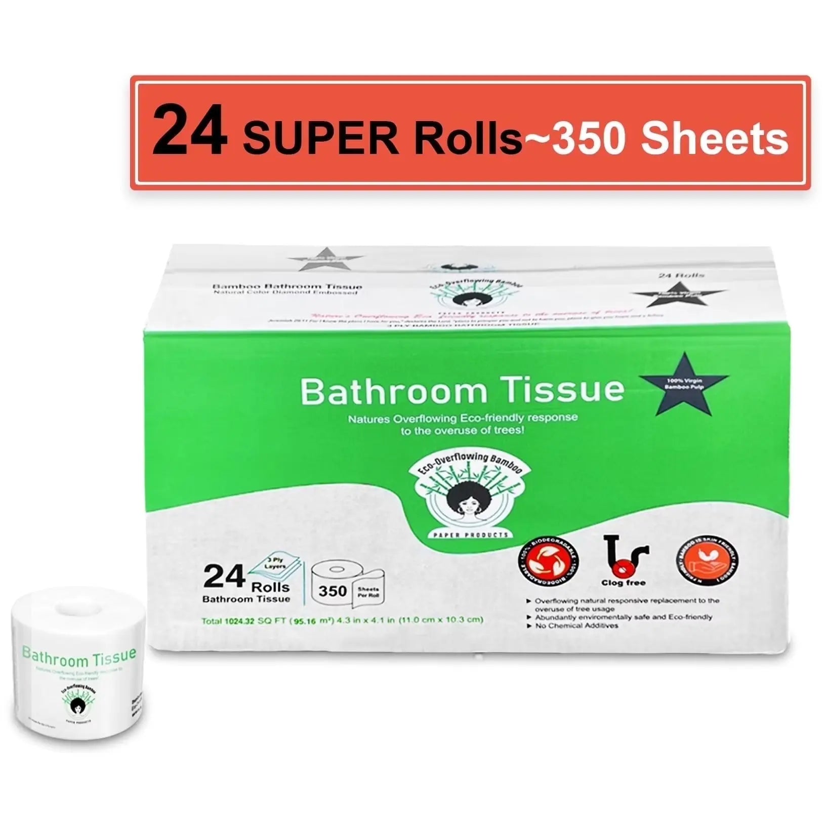 Eco-Overflowing Bamboo PP Natural Diamond Print Toilet Tissue -24 Count 3Ply Mega Roll-Tp