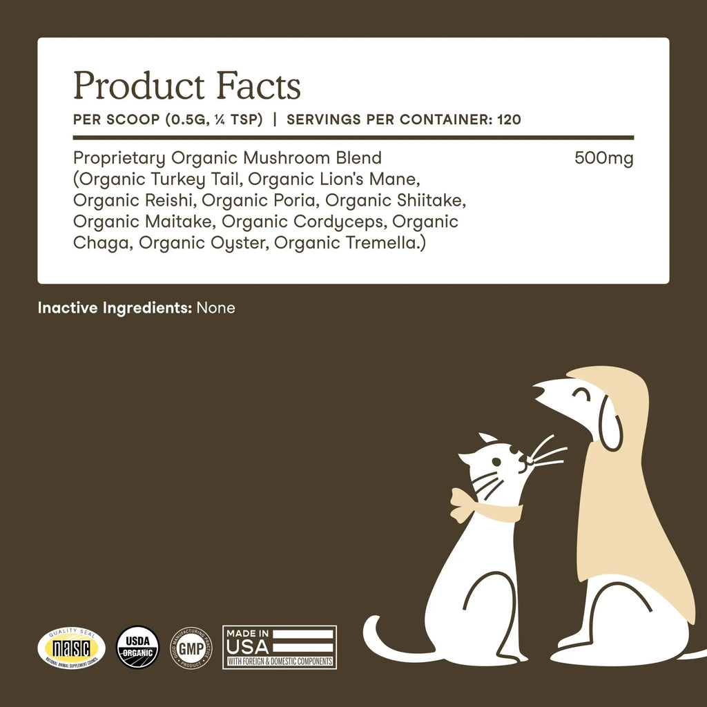 Mushroom Supplement for Dogs & Cats - with Turkey Tail - USDA Organic - Promotes Cognitive & Immune Health - 120 Scoops