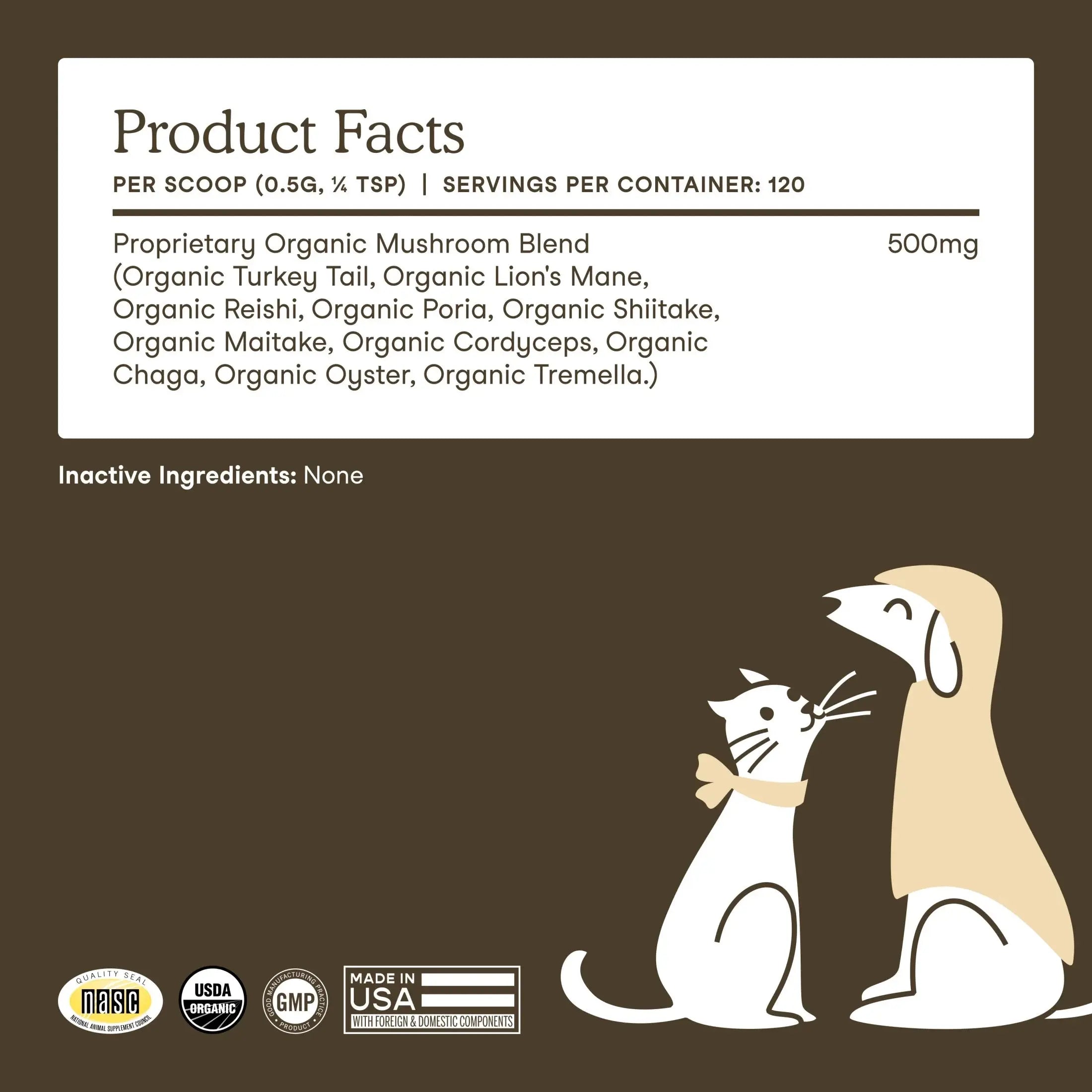 Mushroom Supplement for Dogs & Cats - with Turkey Tail - USDA Organic - Promotes Cognitive & Immune Health - 120 Scoops