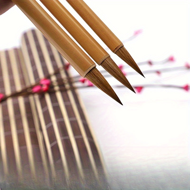 3 Pcs Bamboo Calligraphy Brushes - Suitable for European, Yan, Liu, Zhao Bodies and Landscape Painting - Wooden, Water Washable, Twist Closure, Round Body, Fine Point Chef's Market