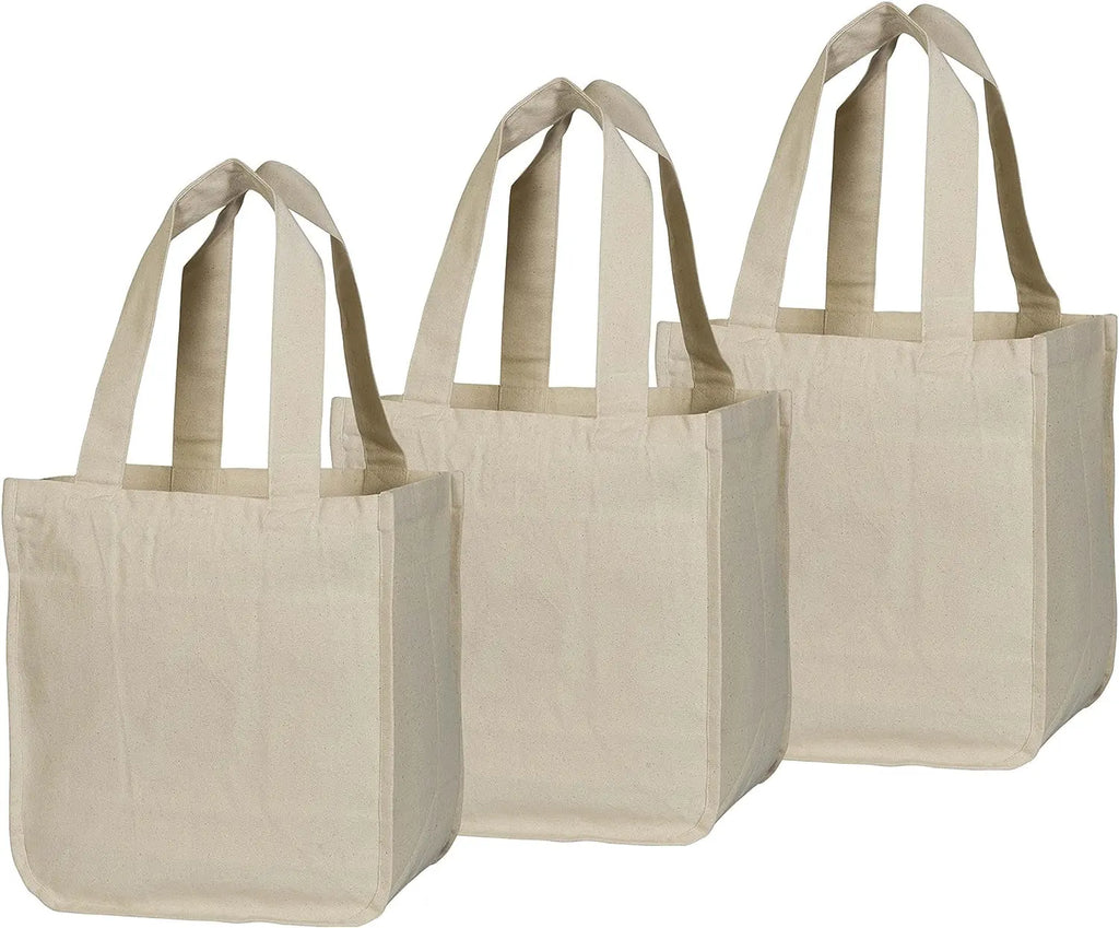 Best Canvas Grocery Shopping Bags with Handles and Bottle Sleeves - Organic Cotton, Washable and Eco-Friendly Cloth Grocery Totes - Reusable Shopping Grocery Bags (3 Bags)