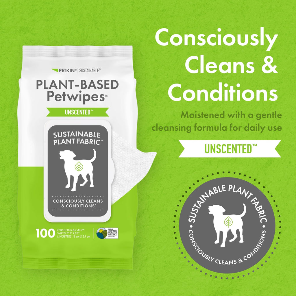 Plant-Based Petwipes, 100 Wipes - Biobased, Sustainable, Big & Thick Pet Wipes for Dogs & Cats - for Face, Paws, Ears, Bo