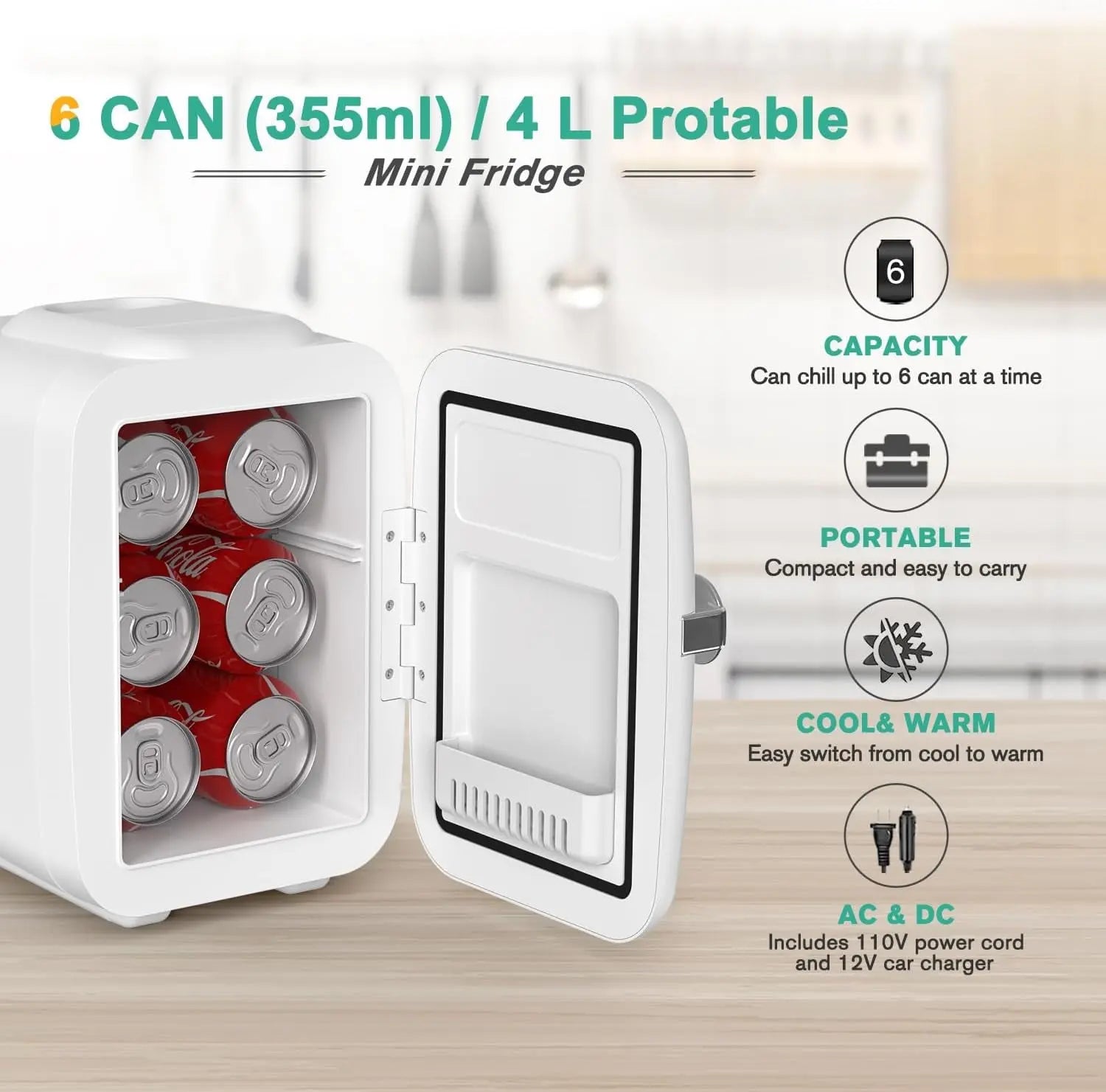 Mini Fridge, 4 Liter/6 Can Portable Cooler and Warmer Personal Refrigerator for Skin Care, Cosmetics, Beverage, Food,Great for Bedroom, Office, Car, Dorm, ETL Listed (White)