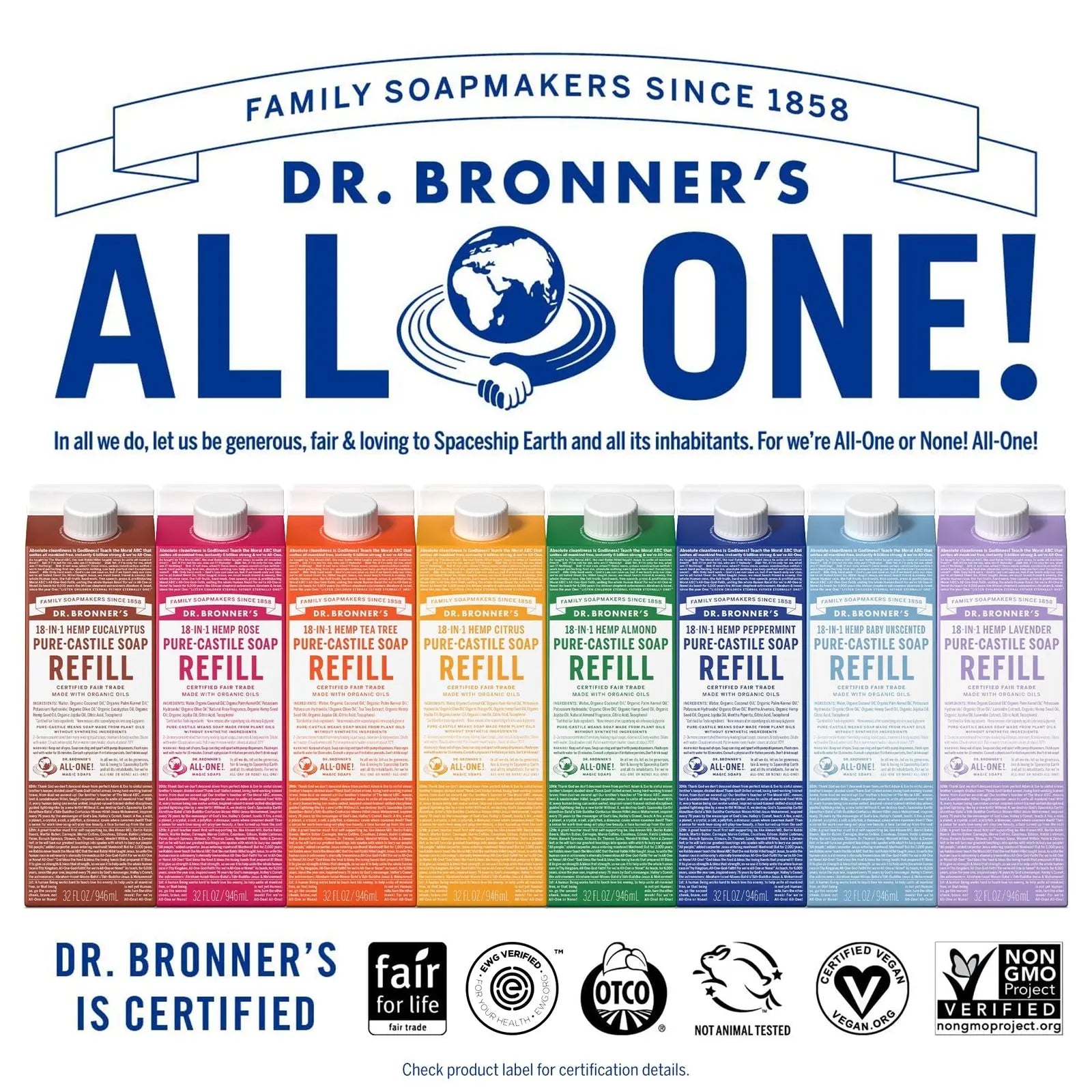 Dr Bronner'S Pure Castile Liquid Soap 32Oz Pack of 2 Organic Fair Trade