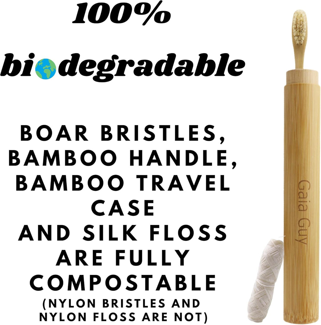 Bamboo and Boar Bristle Toothbrush (4 Pack) + Travel Case & Silk Dental Floss | 100% Compostable Bristles and Floss | Eco-Friendly Dental Set | Biodegradable & Compostable Wooden Toothbrushes