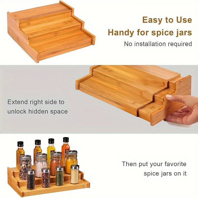 1PC Bamboo Trapezoidal Spice Rack - Kitchen Cabinet Storage Rack with Three-Layer Expandable Display, Seasoning Organizer, and Space-Saving Design for Efficient Storage Chef's Market