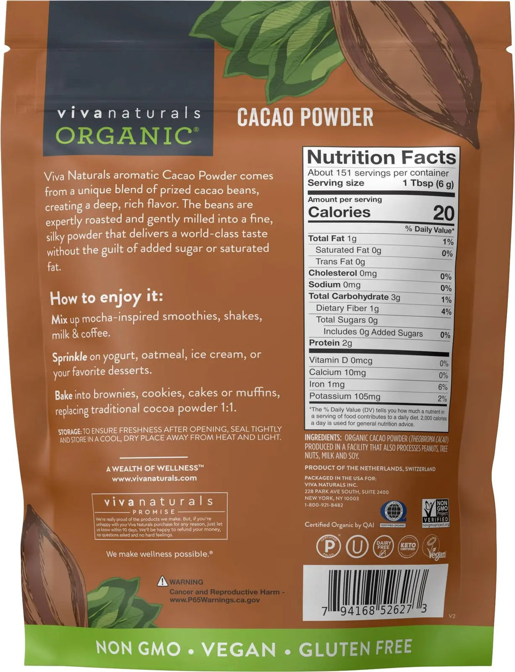 Organic Cacao Powder, 2Lb - Unsweetened Cocoa Powder with Rich Dark Chocolate...