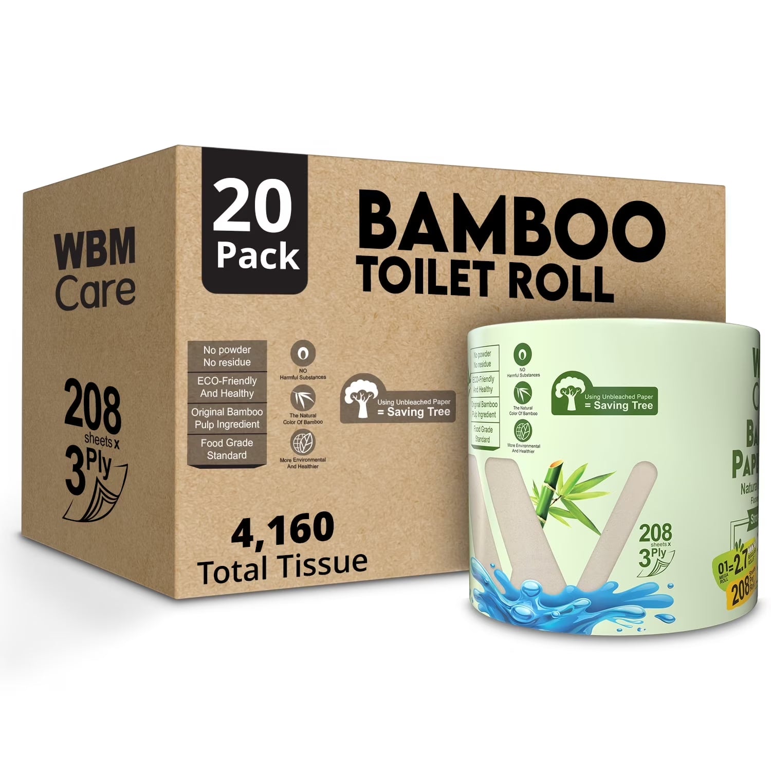 Bamboo Toilet Paper, 3-Ply, Tree-Free, 20 Rolls, 4160 Sheets