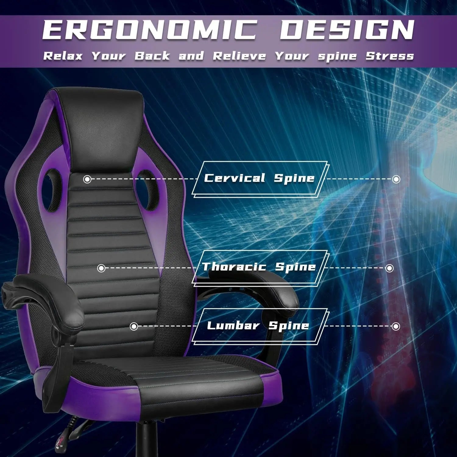 Ergonomic Gaming Chair, Computer Chairs for Adults Teens, Comfortable High Back Office Chair Desk Chair 350LBS, Video Game Chairs, Recliner Racing Gamer Chair Purple
