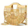 Women's Retro Style Bamboo Woven Handbag With Chain Strap, Hollow Out Beach Tote, Versatile Shoulder & Crossbody Bag, Vintage Bamboo Handle Purse Chef's Market