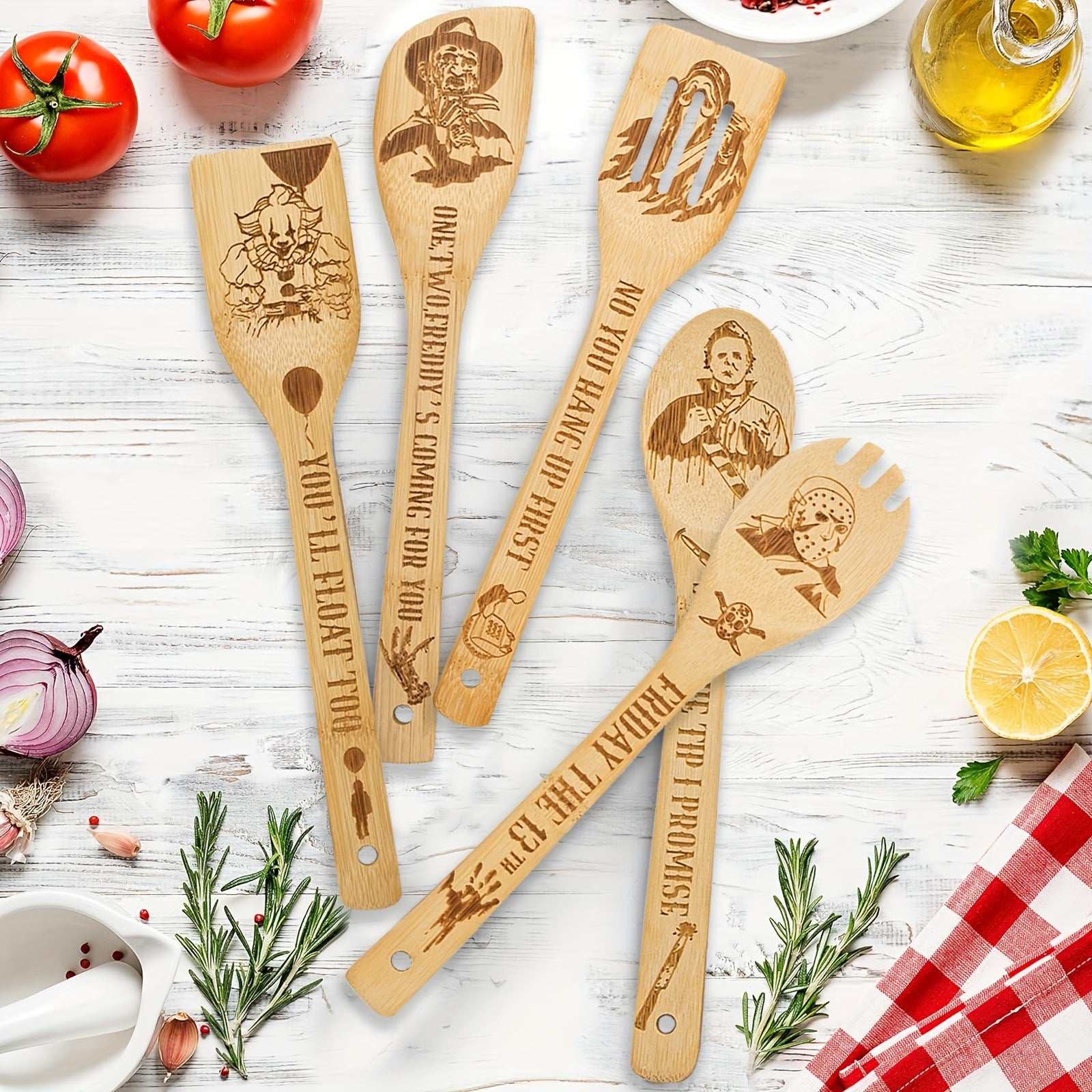 5Pcs Cooking Spoons, Funny Engraved Wooden Cooking Spoons, Horror Character Bamboo Wood Utensils, Cookware Kit, Horror Movie Theme Kitchen Decor, Gift For Movie Lover, Christmas Party Housewarming Birthday Gift Chef's Market