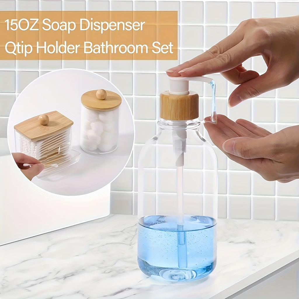 4pcs Bamboo Bathroom Accessory Set, Plastic Bath Soap Dispenser, Toothbrush Holder, Ball & Pad Organizer, Boho Style Countertop Decor Kit Chef's Market