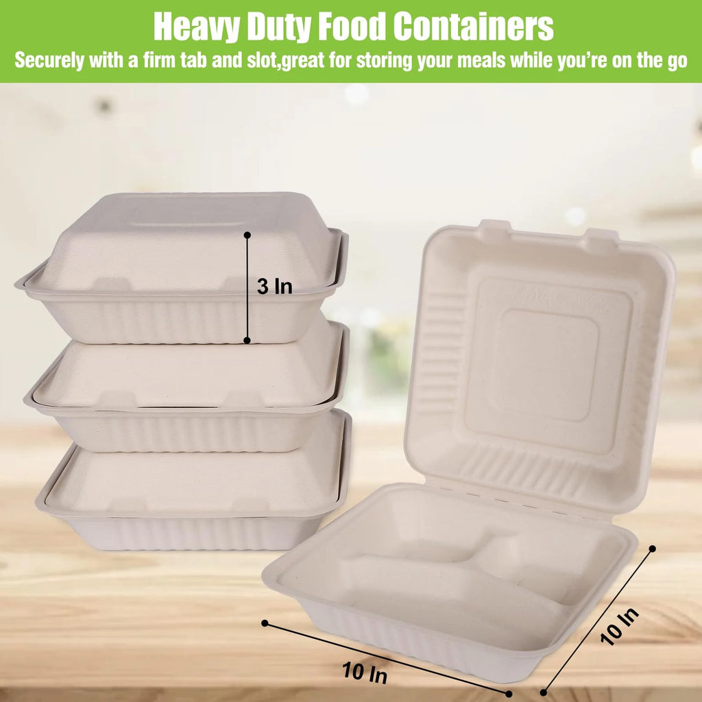 200Pack Compostable Take Out Container 10X10, Disposable to Go Food Boxes with 3 Compartments, Biodegradable Clamshell Container