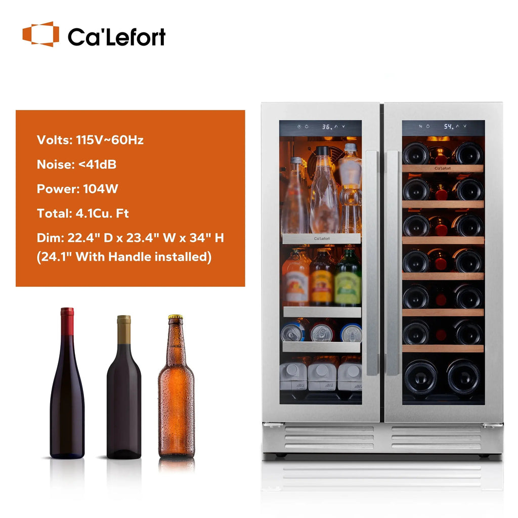 24 Inch Wine Cooler Beverage Refrigerator, Hold 60 Cans and 21 Bottles Dual Zone Wine Fridge with Stainless Steel French Door