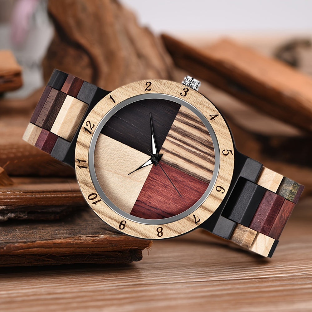 Unique Handcrafted Wooden Watch - Round Analog Quartz Timepiece with Colorful Bamboo Wood Dial and Wooden Strap for Casual Men - Non-Waterproof, Electronic Movement, Pointer Display Chef's Market
