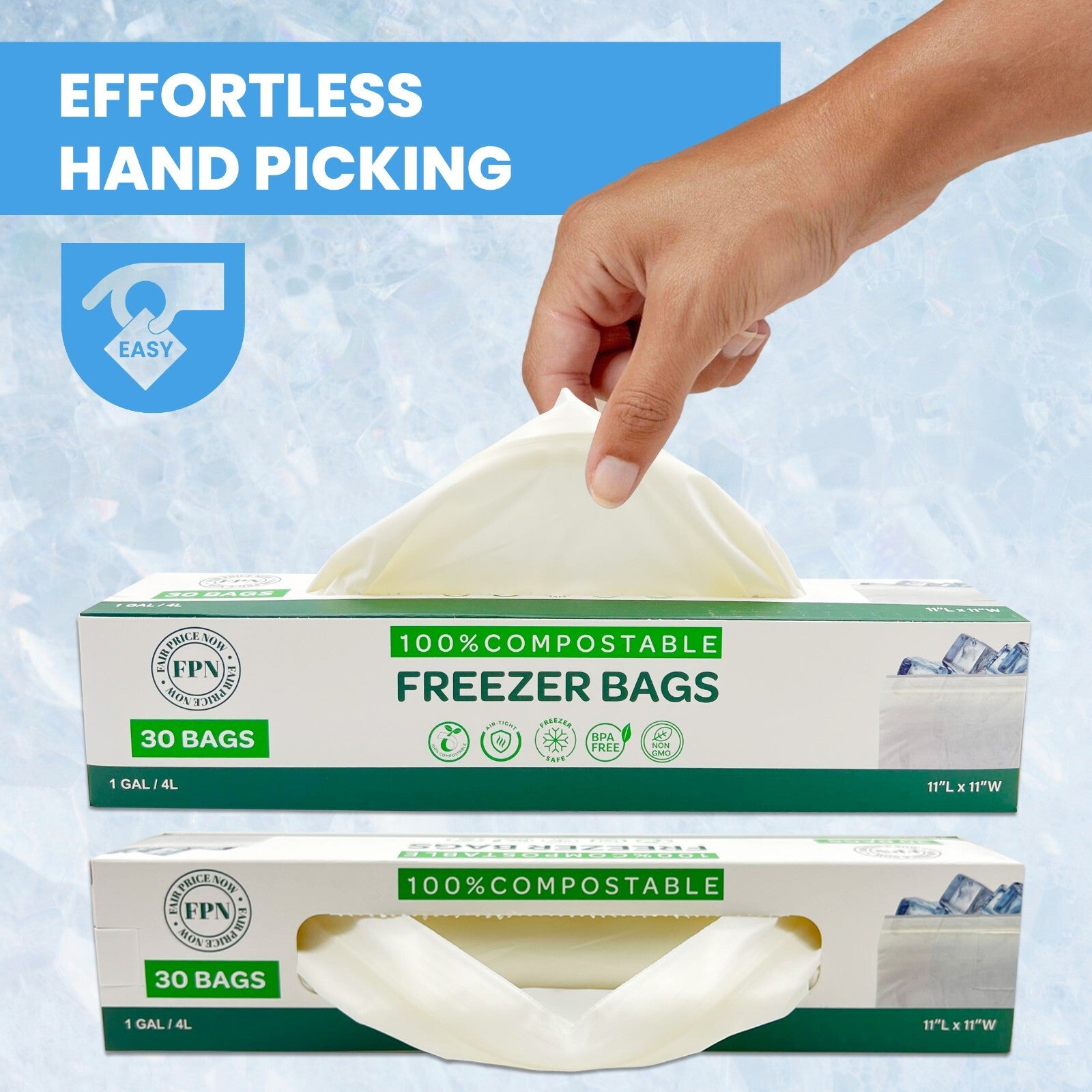 Compostable Plastic Freezer Bags 1 Gallon 60 CT- BPA Free, Reusable 11X11 - FPN