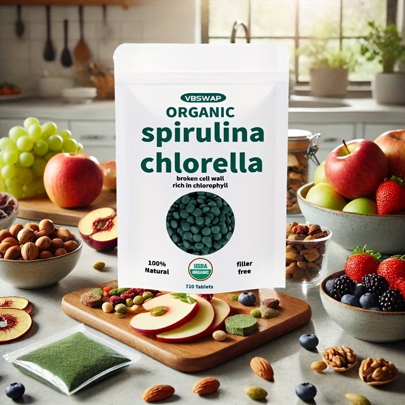 Organic Chlorella Spirulina Tablets, 720 Counts, 4 Months Supply, 50/50 Blend Superfood, No Filler, No Additives, Cracked Cell Wall, Rich In Vegan Protein, And Easy To Swallow.nutritional Supplement For Chef's Market