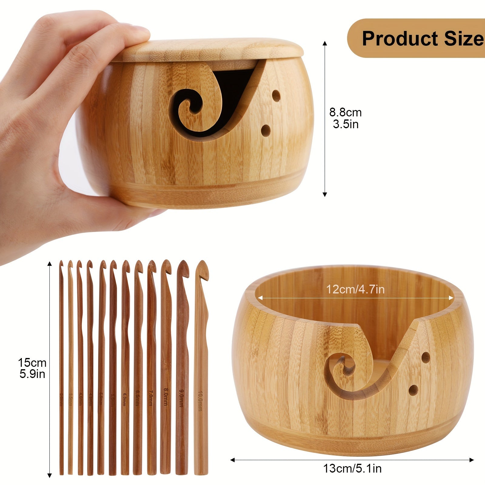 Elegant 1 Set Handcrafted Wooden Yarn Bowl with Lid & 12 Bamboo Crochet Hooks - Wool Yarn Holder Organizer for Knitting Enthusiasts - Artistic Craft Storage - Perfect for Crochet Projects Chef's Market