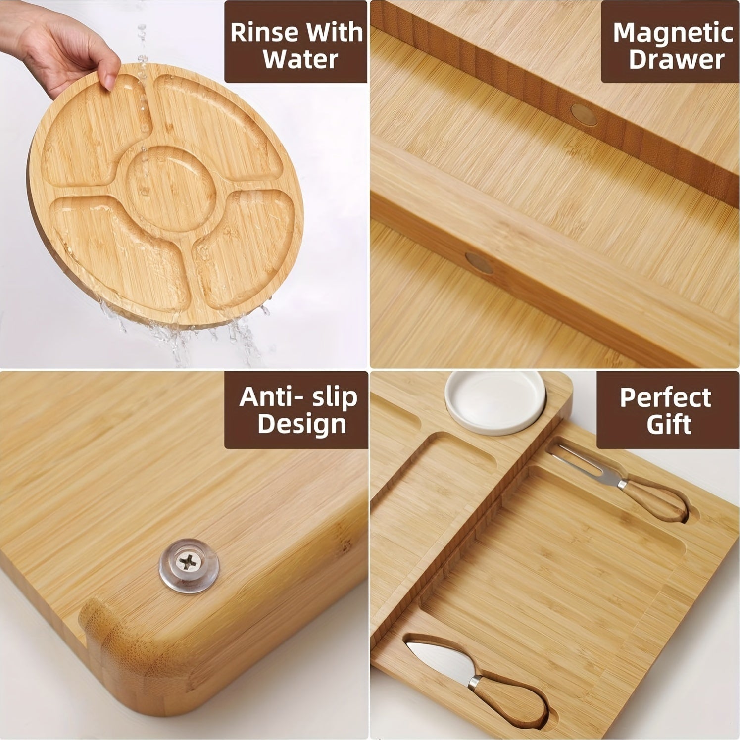 Premium Bamboo Cheese Board Set with Knife, Fork, and Spoon - Perfect for Christmas, Thanksgiving, Easter, Halloween, and More - Includes Cheese Board, Fruit Platter, and Dipping Sauces Chef's Market