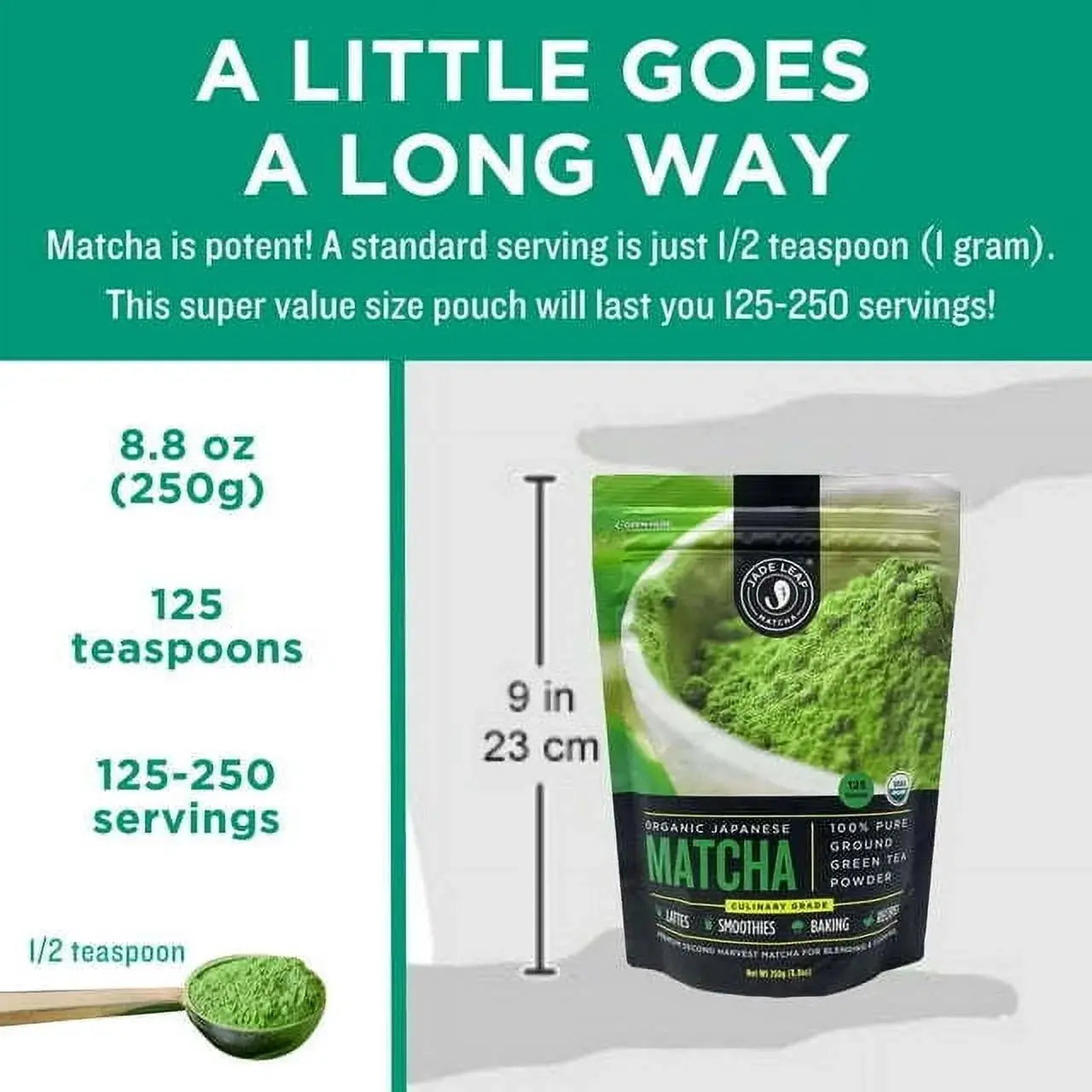 Green Tea Matcha Powder, Culinary Grade, Plant Based, 8.82Oz Pouch